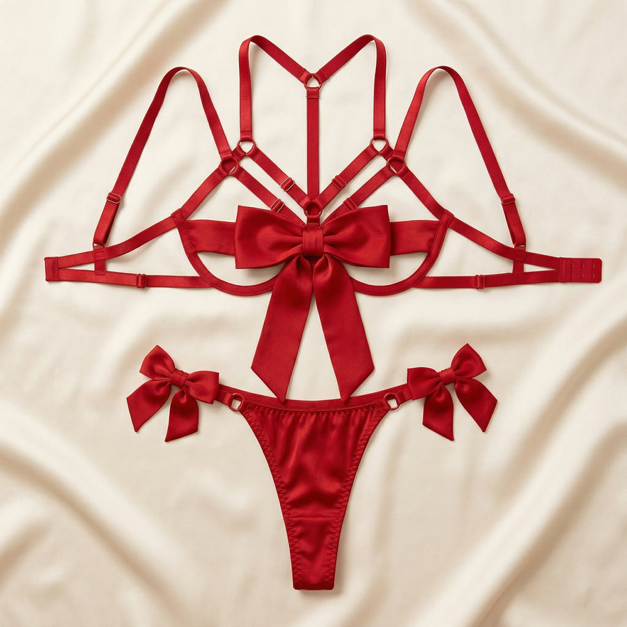 Deep Red Satin Lingerie Set with Strappy Bow Details-Lingerie Set-Bellascena-bellascena