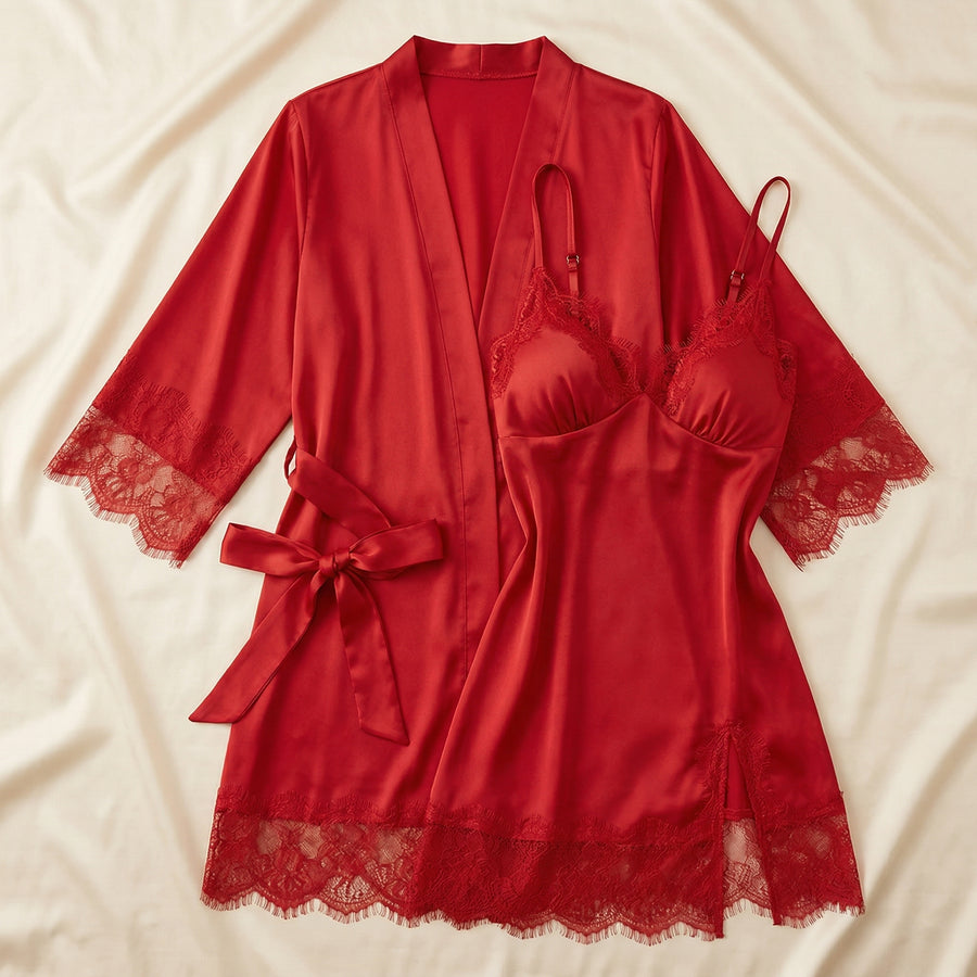 Deep Red Satin Nightgown and Robe Set with Lace Trim-Nightgown-Bellascena-bellascena