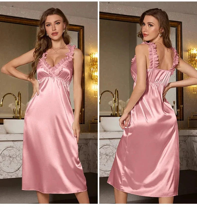 Deep Red Satin Nightgown with Lace Detail and Ruffles-Nightgown-Bellascena-bellascena