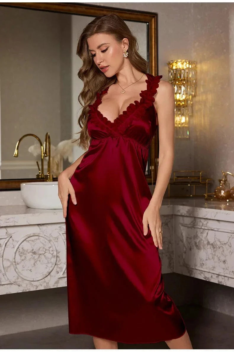 Deep Red Satin Nightgown with Lace Detail and Ruffles-Nightgown-Bellascena-Burgundy-S-bellascena