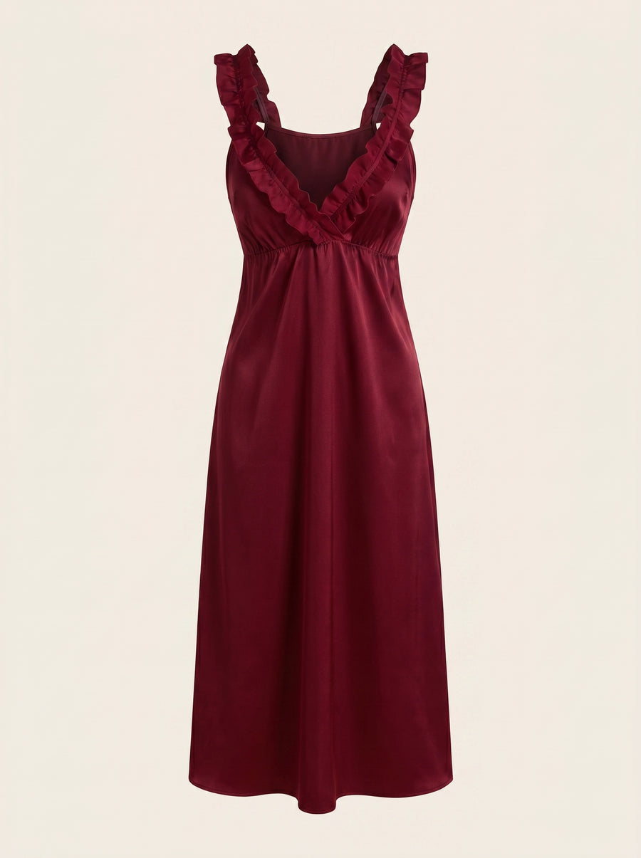 Deep Red Satin Nightgown with Lace Detail and Ruffles-Nightgown-Bellascena-bellascena