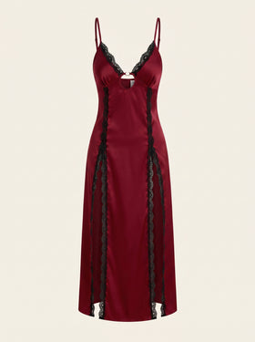 Deep Red Satin Nightgown with Lace Trim and High Slit-Nightgown-Bellascena-Wine Red-S-bellascena