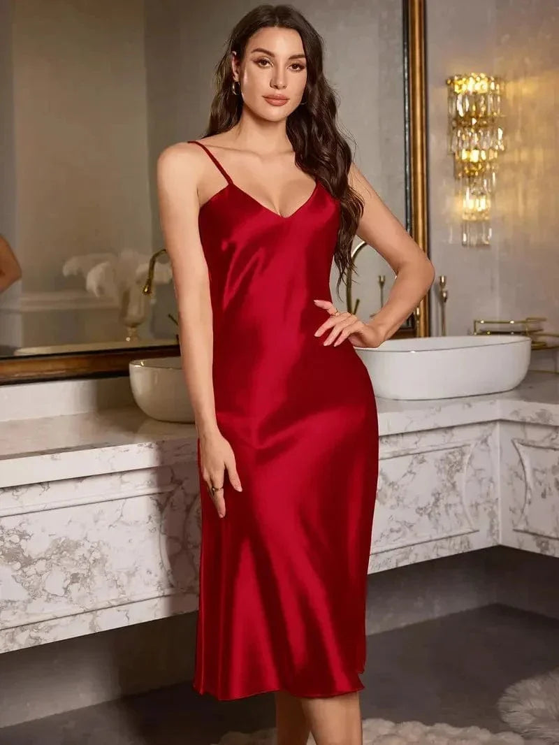 Deep Red Satin Nightgown with Spaghetti Straps-Nightgown-Bellascena-bellascena