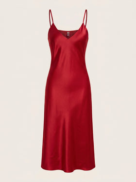 Deep Red Satin Nightgown with Spaghetti Straps-Nightgown-Bellascena-Red-S-bellascena