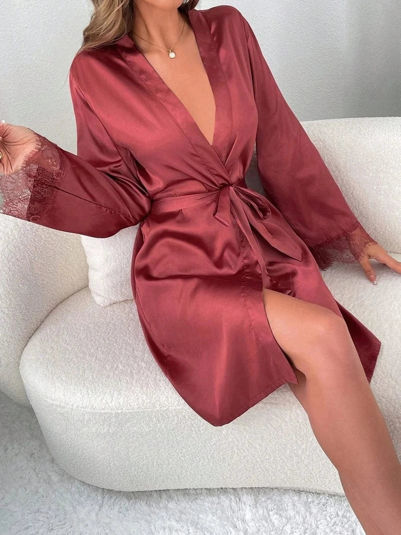 Deep Rose Satin Kimono Robe with Lace Trim-Kimono Robe-Bellascena-bellascena