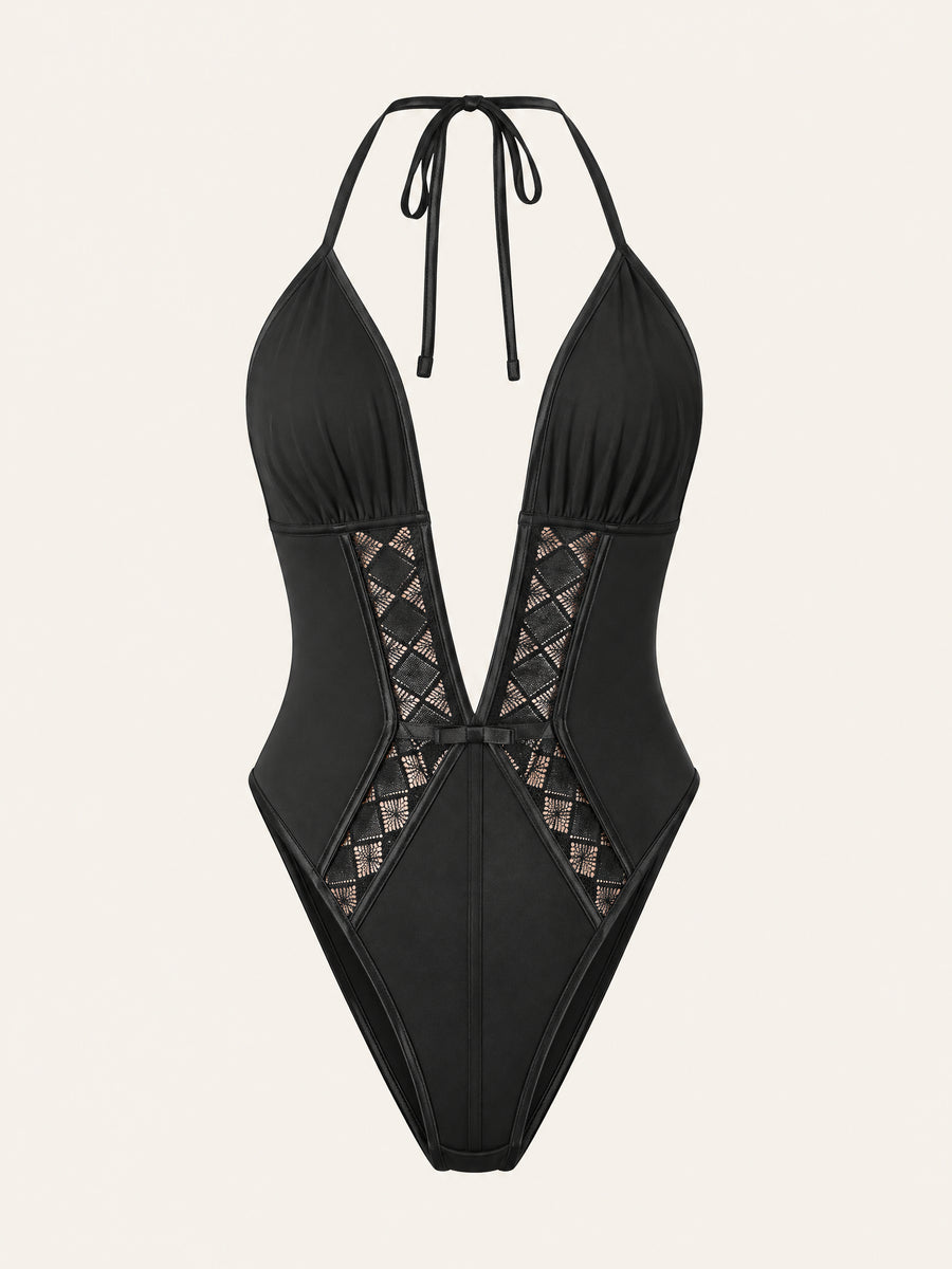 Deep V Black Satin Bodysuit with Lace Inserts-Bodysuit-Bellascena-Black-S-bellascena