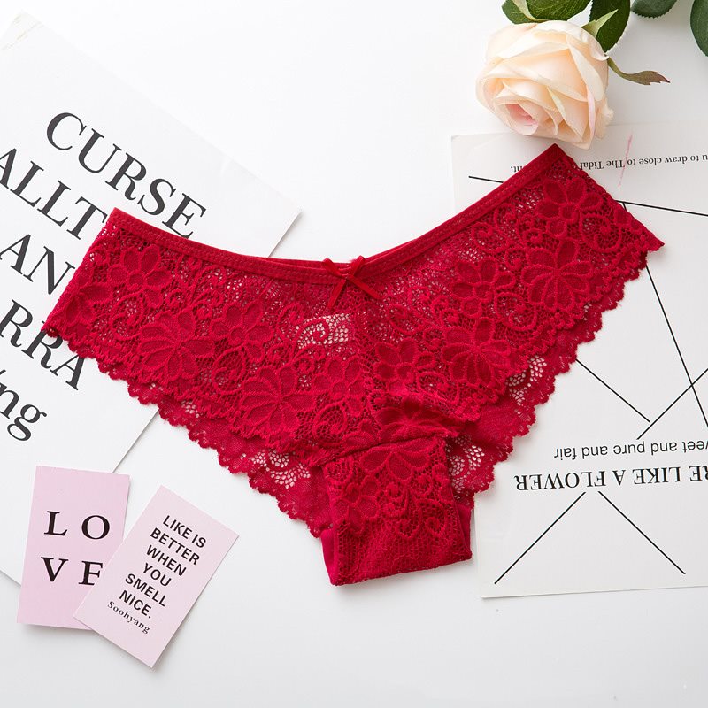 Delicate Floral Lace Panty with Scalloped Edges-Panty-Bellascena-Red-S/M-bellascena