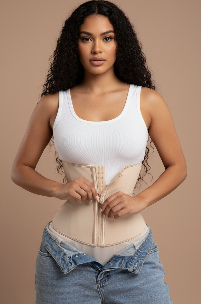 Double Compression Beige Synthetic Shapewear with Zipper-Shapewear-Bellascena-bellascena