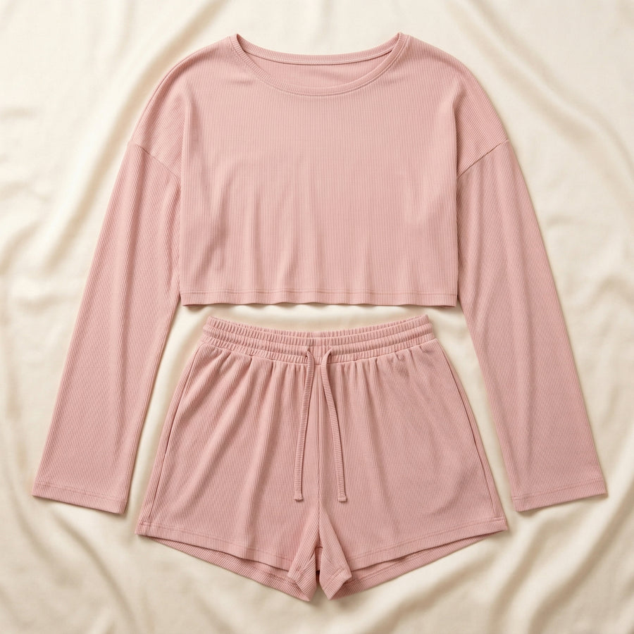 Dusty Pink Cotton Pajama Set with Ribbed Texture-Pajama Set-Bellascena-bellascena