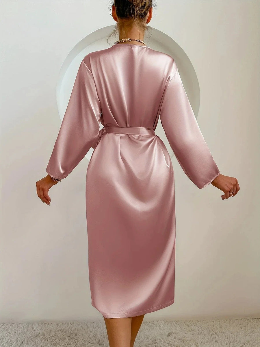 Dusty Pink Satin Kimono Robe with Tie Belt-Kimono Robe-Bellascena-bellascena
