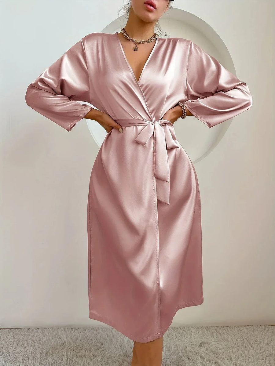 Dusty Pink Satin Kimono Robe with Tie Belt-Kimono Robe-Bellascena-bellascena