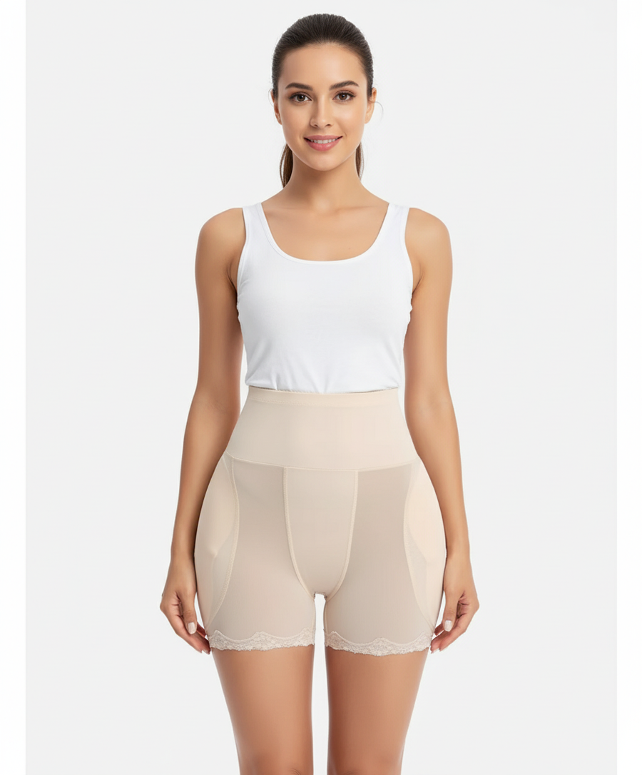 Elegant Beige Mesh Padded Hipster Brief with Lace Detail-Panty-Bellascena-bellascena