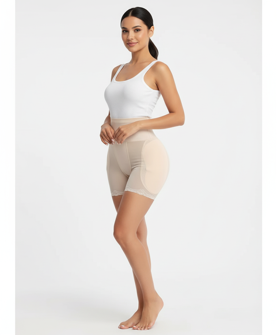 Elegant Beige Mesh Padded Hipster Brief with Lace Detail-Panty-Bellascena-bellascena