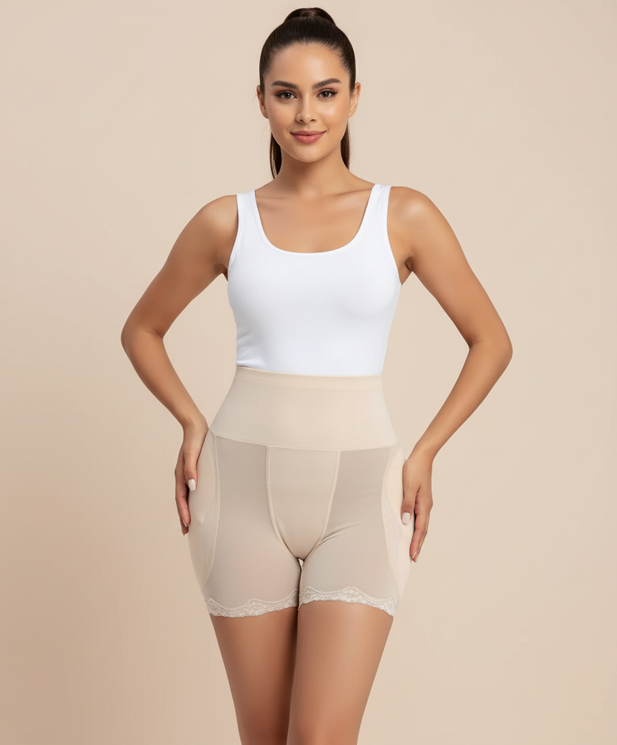 Elegant Beige Mesh Padded Hipster Brief with Lace Detail-Panty-Bellascena-bellascena