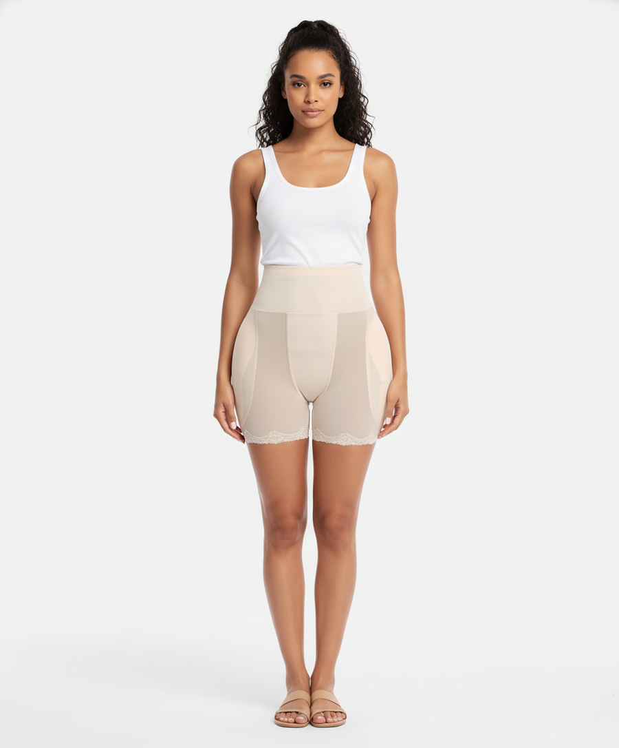 Elegant Beige Mesh Padded Hipster Brief with Lace Detail-Panty-Bellascena-bellascena