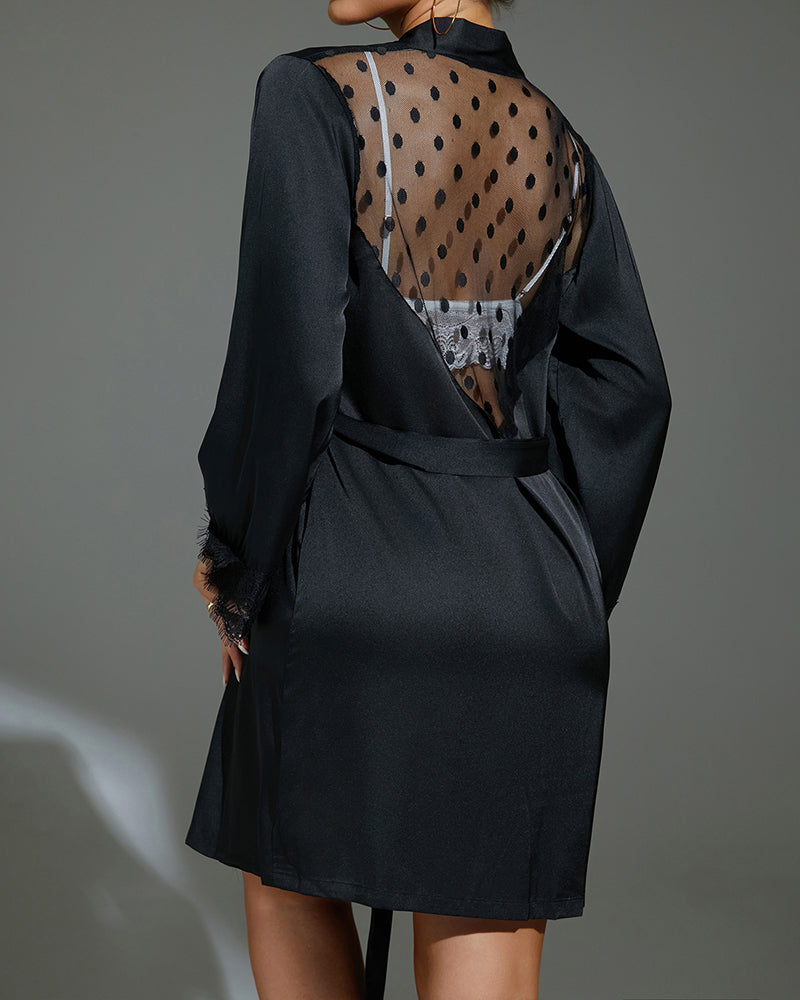 Elegant Black Lace Kimono Robe with Sheer Polka Dots-Kimono Robe-Bellascena-bellascena