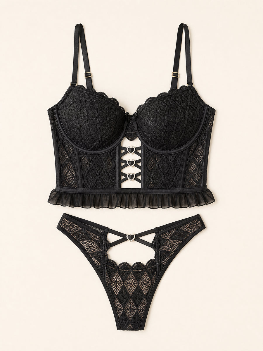 Elegant Black Lace Lingerie Set with Strappy Details-Bra-Bellascena-bellascena