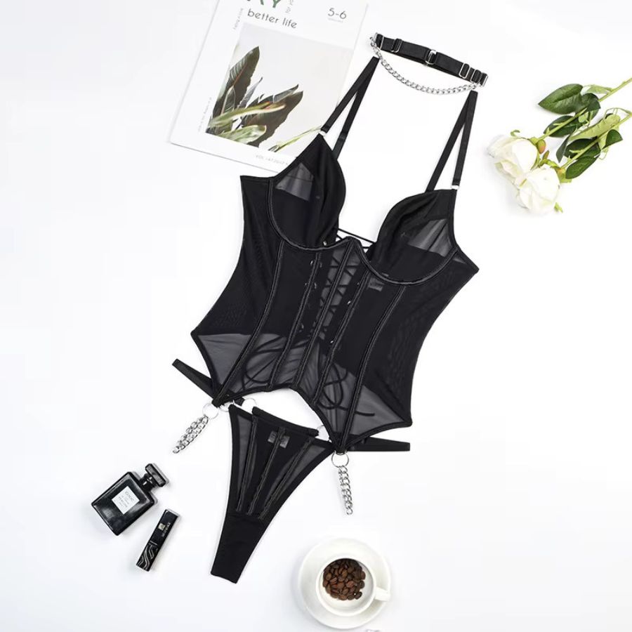 Elegant Black Mesh Bodysuit with Strappy Design-Bodysuit-Bellascena-bellascena