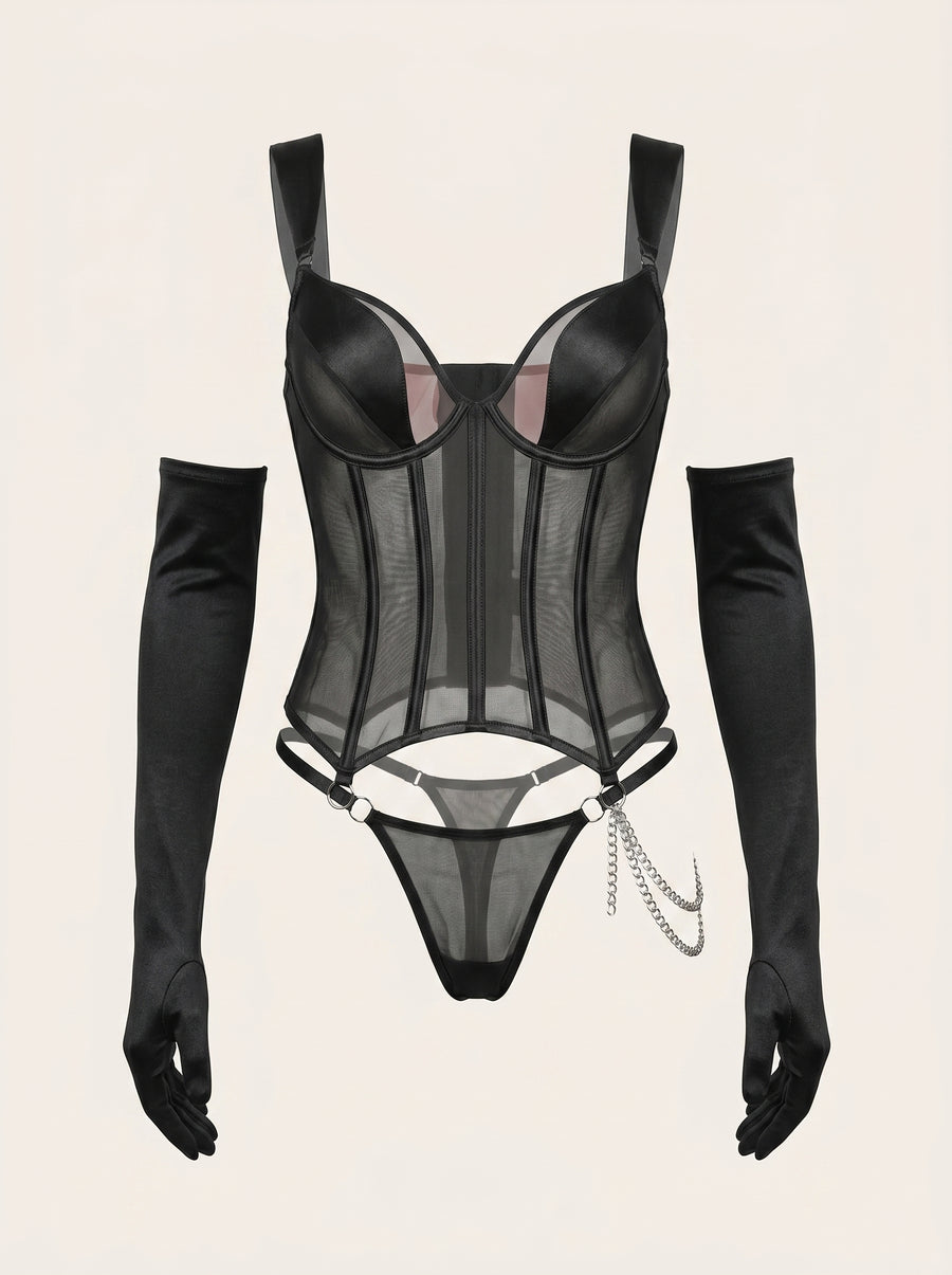 Elegant Black Mesh Bodysuit with Strappy Design-Bodysuit-Bellascena-S-Black-bellascena