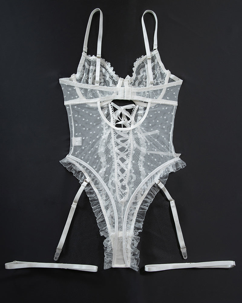 Elegant Black Polka Dot Lace Bodysuit with Strappy Detail-Bodysuit-Bellascena-bellascena