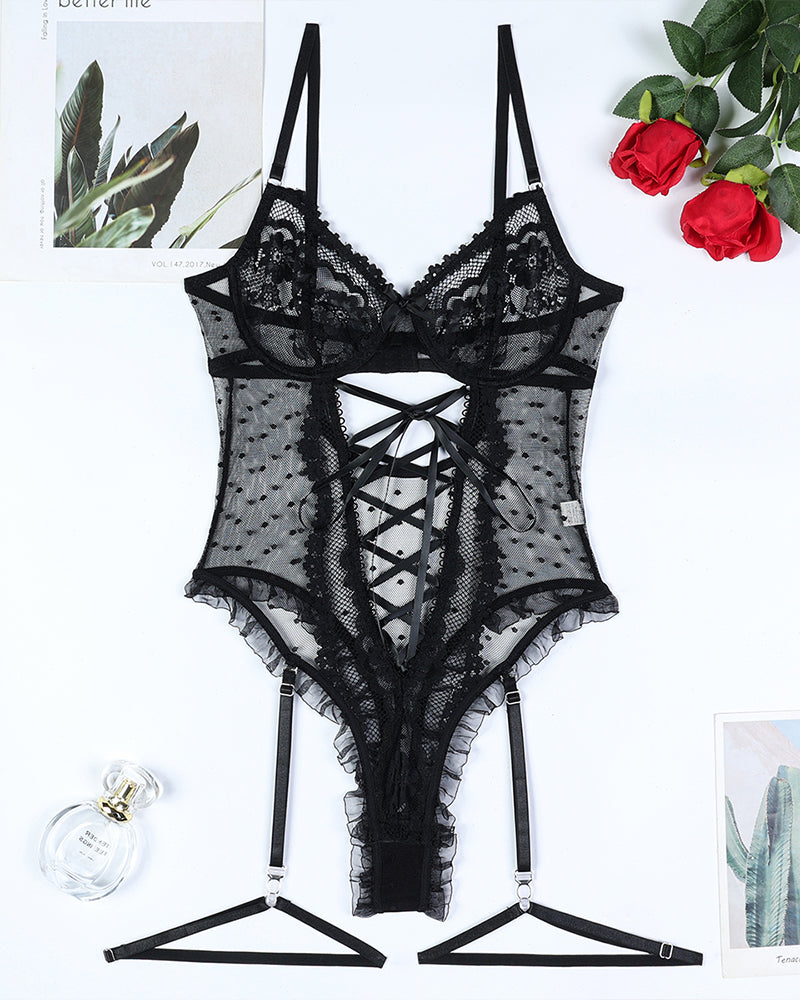 Elegant Black Polka Dot Lace Bodysuit with Strappy Detail-Bodysuit-Bellascena-bellascena