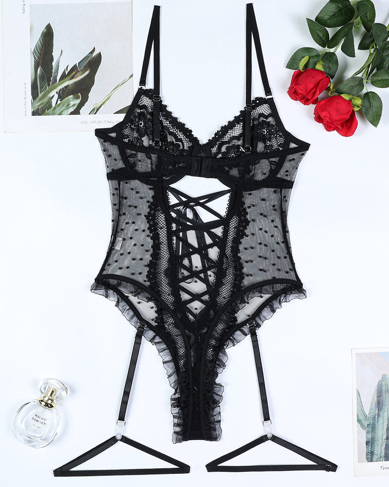 Elegant Black Polka Dot Lace Bodysuit with Strappy Detail-Bodysuit-Bellascena-bellascena