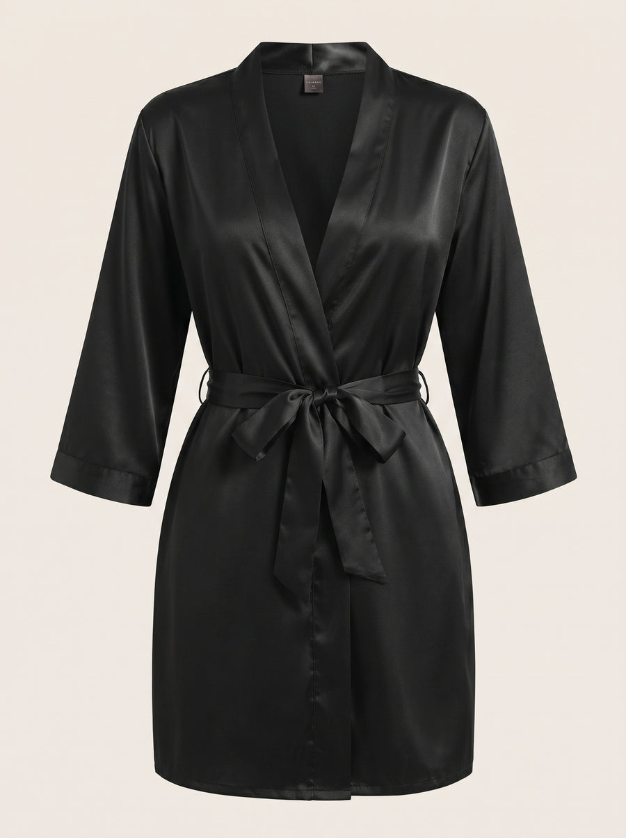 Elegant Black Satin Kimono Robe with Belted Wrap-Kimono Robe-Bellascena-Black-S-bellascena