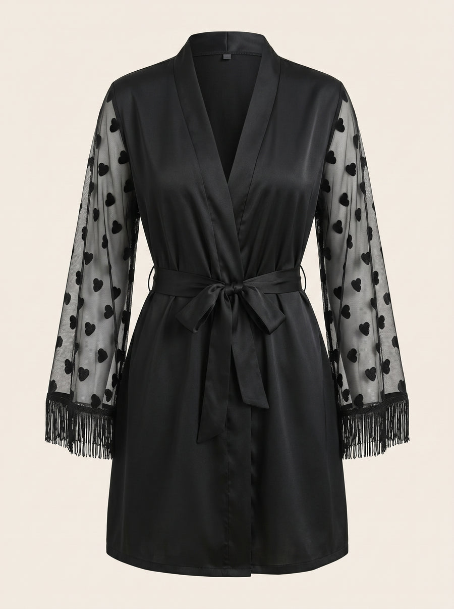 Elegant Black Satin Kimono Robe with Lace Trim-Kimono Robe-Bellascena-Black-S-bellascena