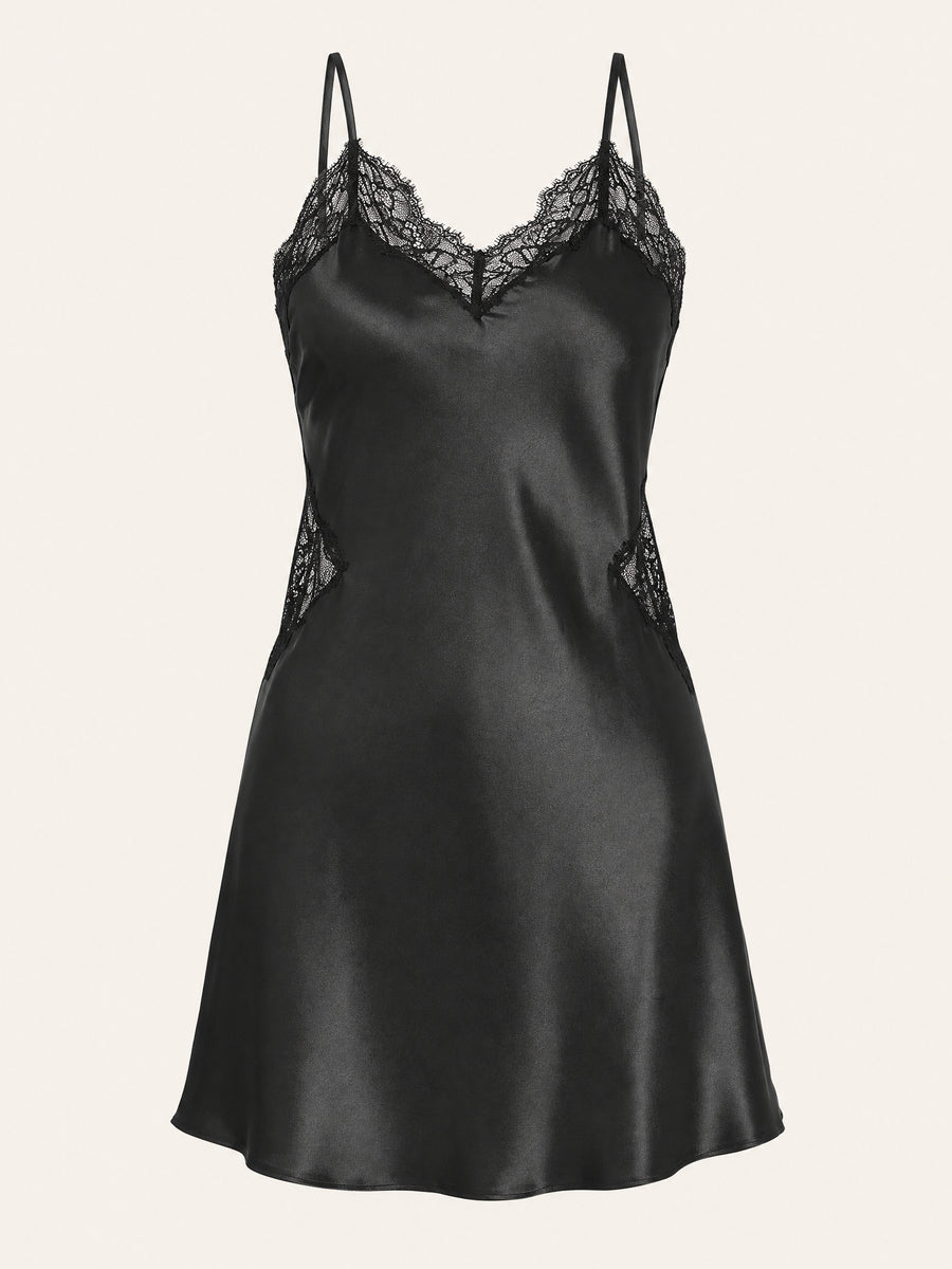 Elegant Black Satin Nightgown with Lace Trim-Nightgown-Bellascena-Black-S-bellascena