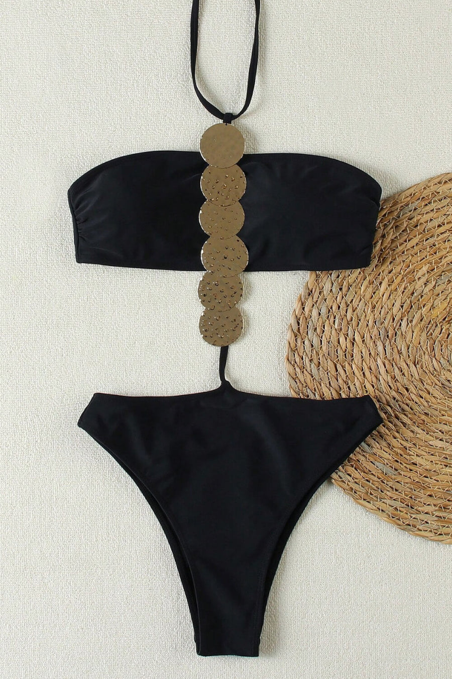 Elegant Black Satin One-Piece Swimsuit with Cutout Detail-One-Piece Swimsuit-Bellascena-bellascena