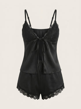 Elegant Black Satin Pajama Set with Lace Trim-Pajama Set-Bellascena-Black-S-bellascena