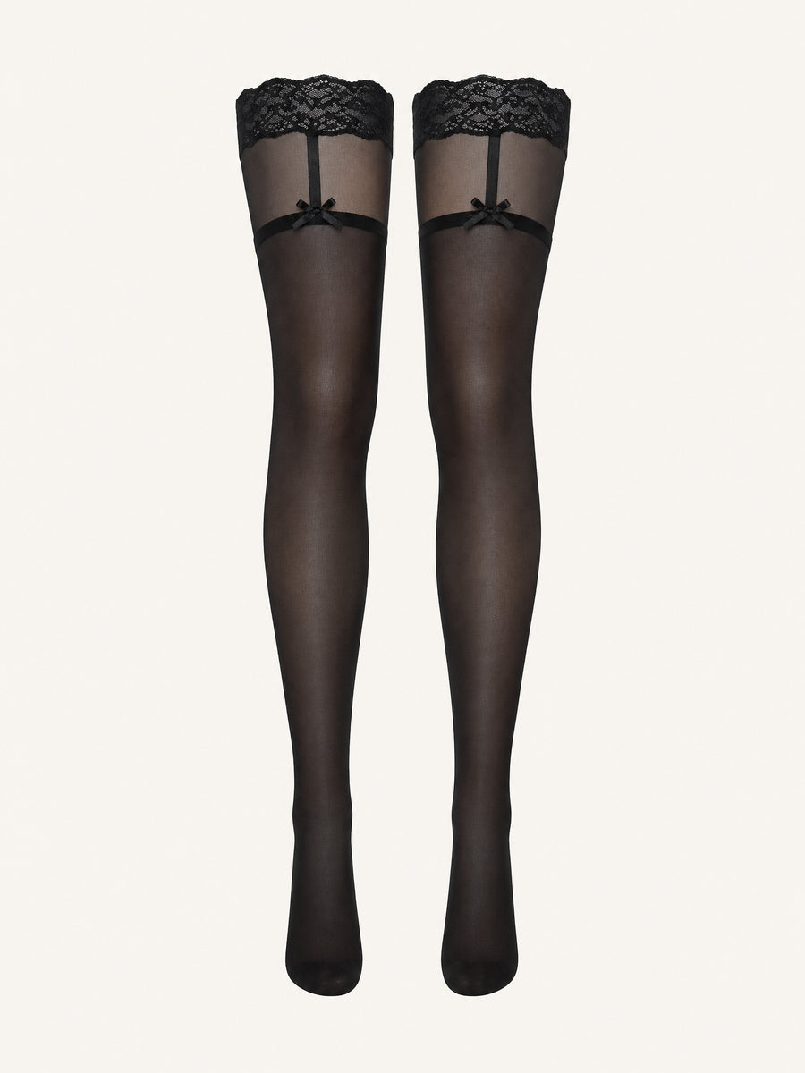 Elegant Black and Red Lace Knee High Stockings with Bow Detail-Tights-Bellascena-Black-One Size-bellascena