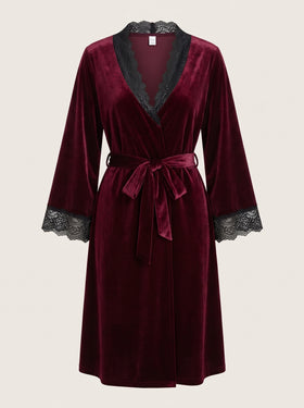 Elegant Deep Burgundy Velvet Kimono Robe with Lace Trim-Nightgown-Bellascena-bellascena