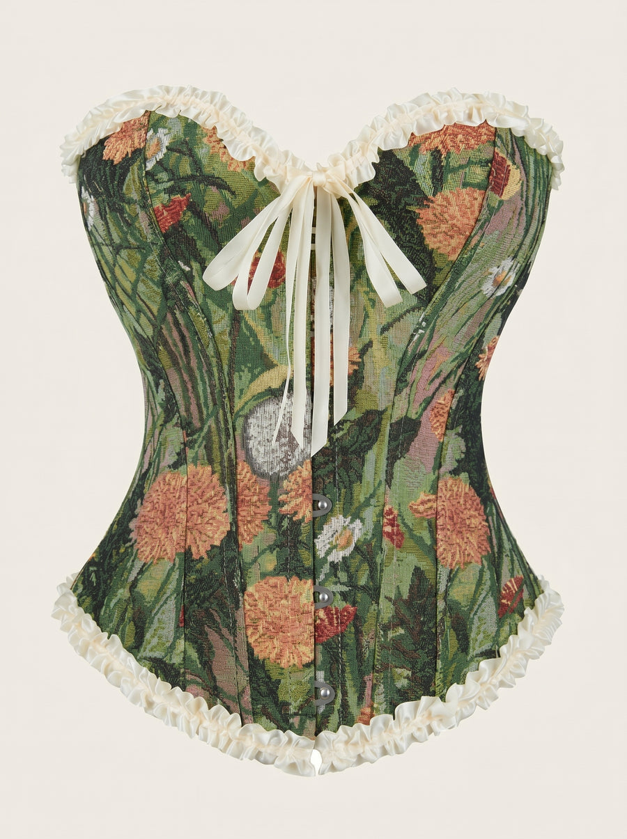 Elegant Floral Green Lace Corset with Ruffle Detail-Corset-Bellascena-Green-S-bellascena
