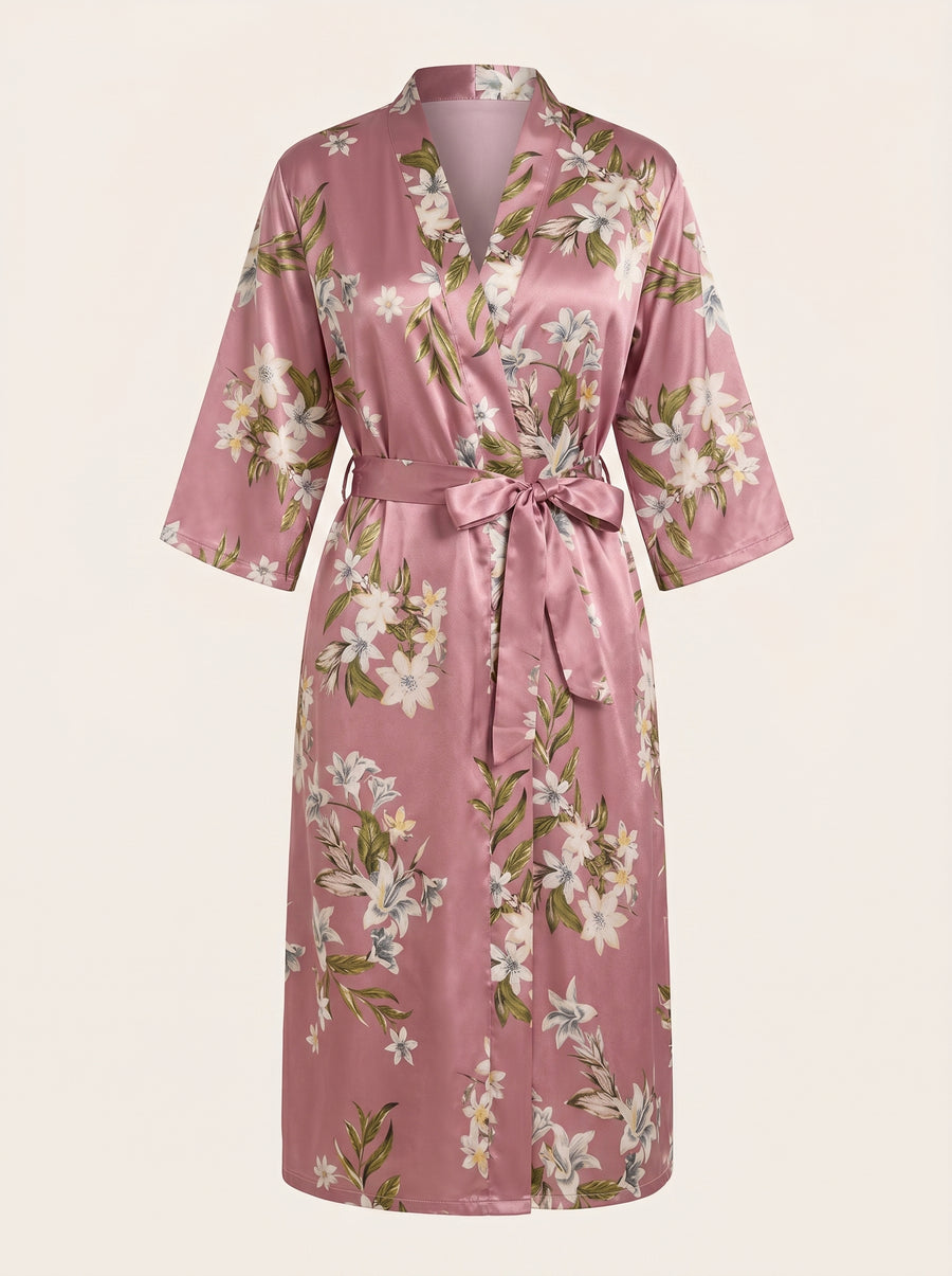 Elegant Floral Pink Satin Kimono Robe with Tie Belt-Kimono Robe-Bellascena-Pink-S-bellascena
