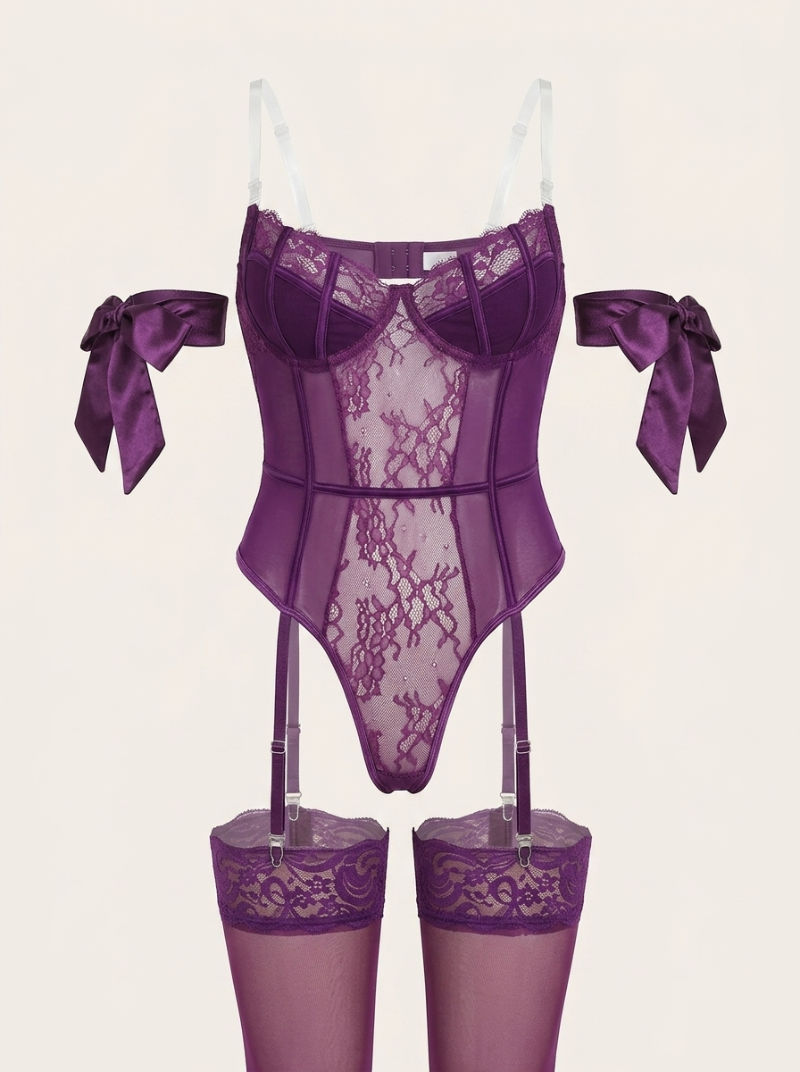 Elegant Purple Lace Bodysuit with Bow Detail and Garter Straps-Bodysuit-Bellascena-Purple-S-bellascena