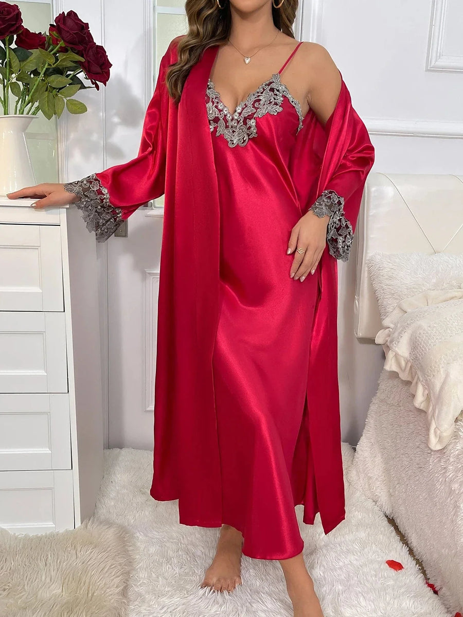 Elegant Red Satin Kimono Robe with Lace Trim-Kimono Robe-Bellascena-bellascena