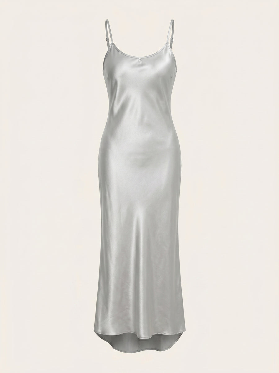 Elegant Silver Satin Nightgown with Adjustable Straps-Nightgown-Bellascena-Silver-S-bellascena