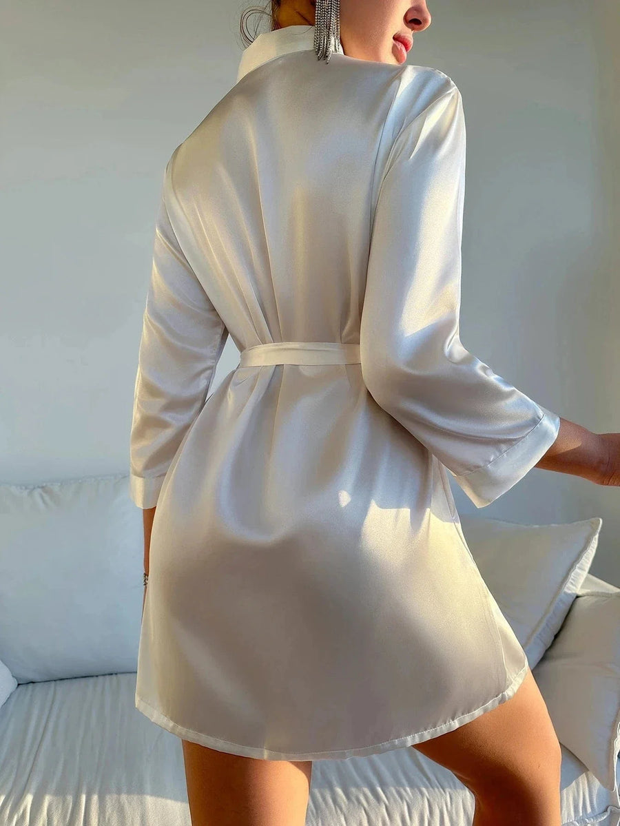 Elegant White Satin Kimono Robe with Tie Belt-Kimono Robe-Bellascena-bellascena