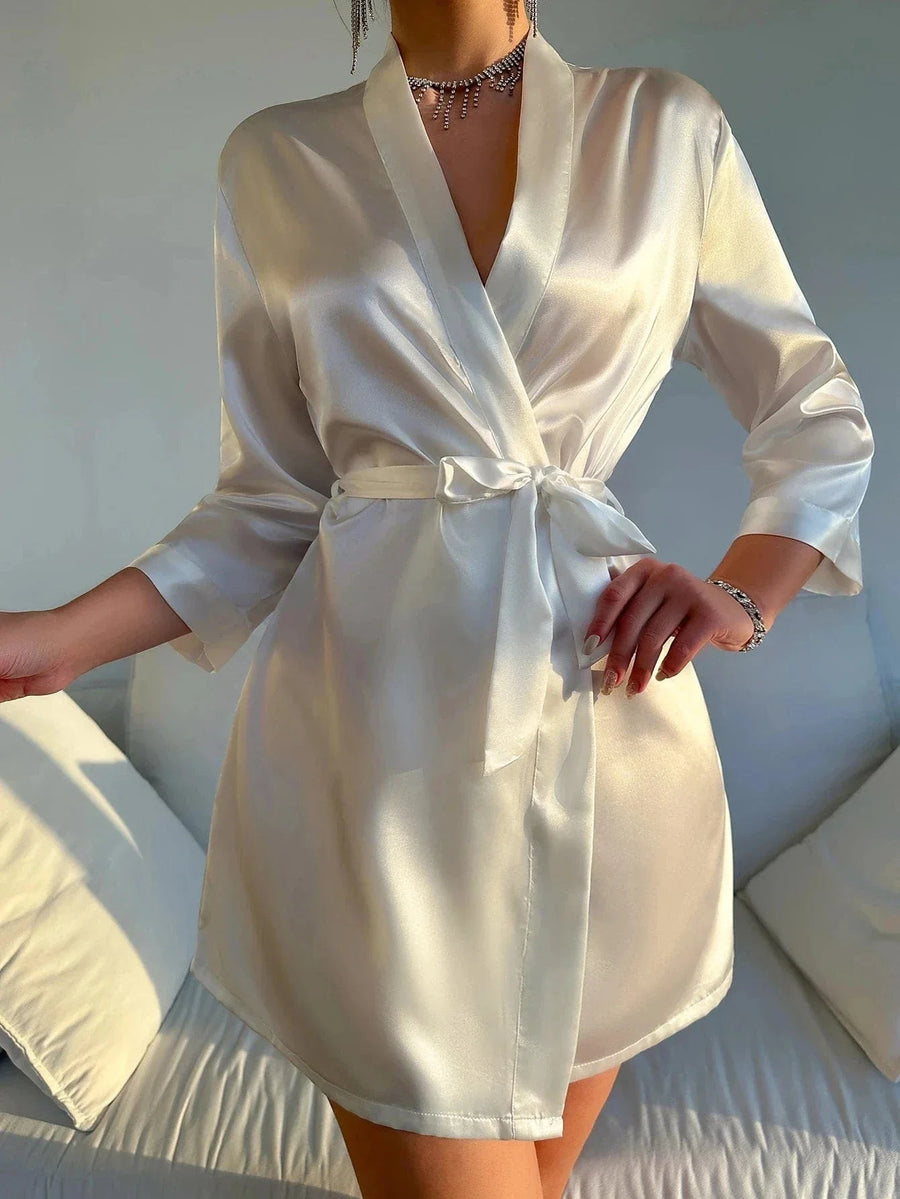 Elegant White Satin Kimono Robe with Tie Belt-Kimono Robe-Bellascena-bellascena