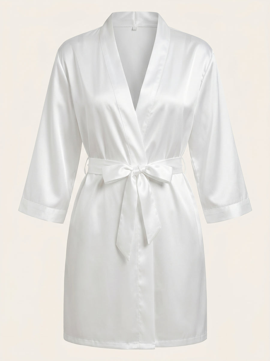 Elegant White Satin Kimono Robe with Tie Belt-Kimono Robe-Bellascena-White-S-bellascena