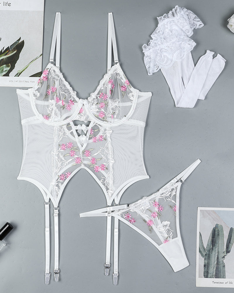 Embroidered Floral Pink Mesh Lingerie Set with Strappy Detail-Corset-Bellascena-bellascena