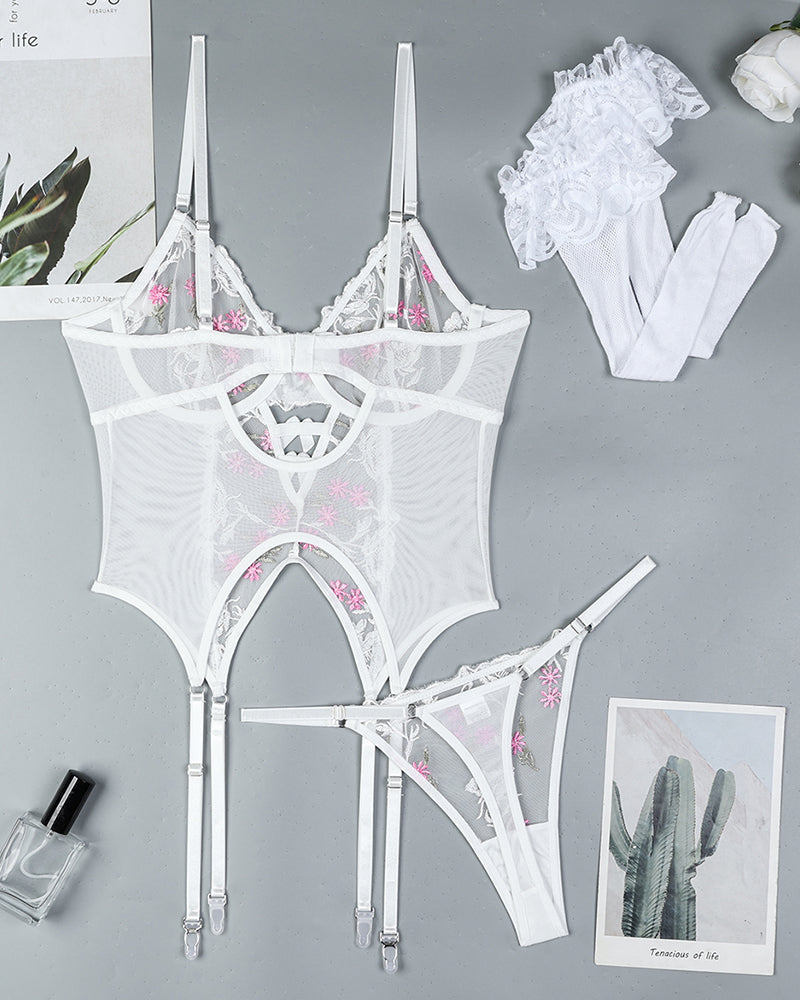 Embroidered Floral Pink Mesh Lingerie Set with Strappy Detail-Corset-Bellascena-bellascena