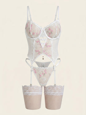 Embroidered Floral Pink Mesh Lingerie Set with Strappy Detail-Corset-Bellascena-bellascena