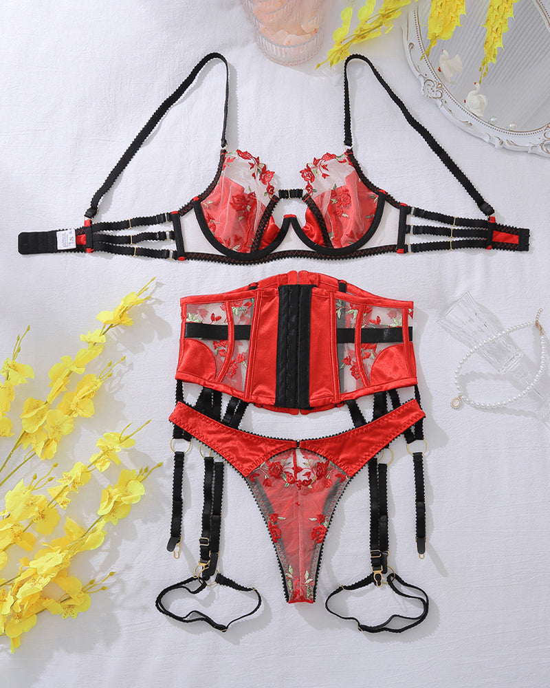 Embroidered Floral Red Mesh Lingerie Set with Strappy Details-Corset-Bellascena-bellascena