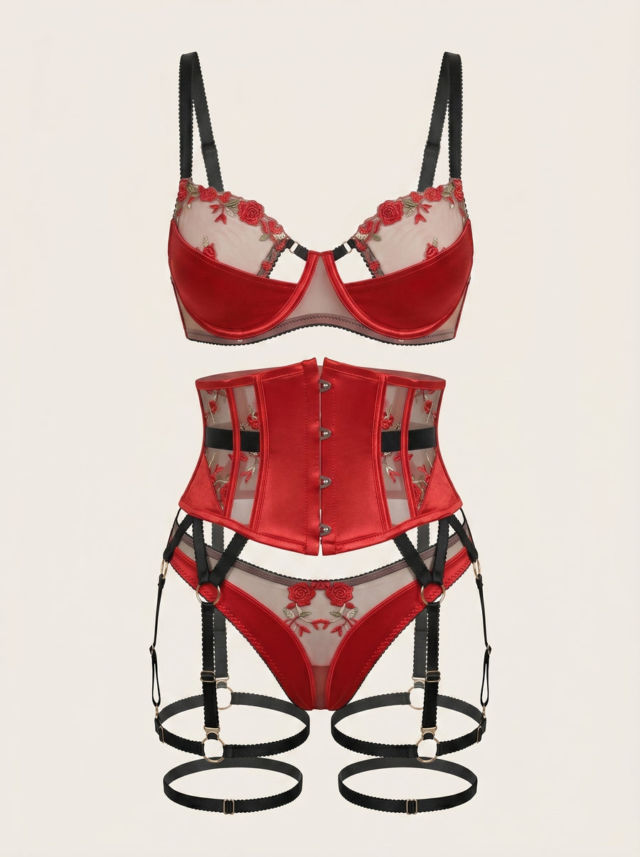 Embroidered Floral Red Mesh Lingerie Set with Strappy Details-Corset-Bellascena-Red-S-bellascena