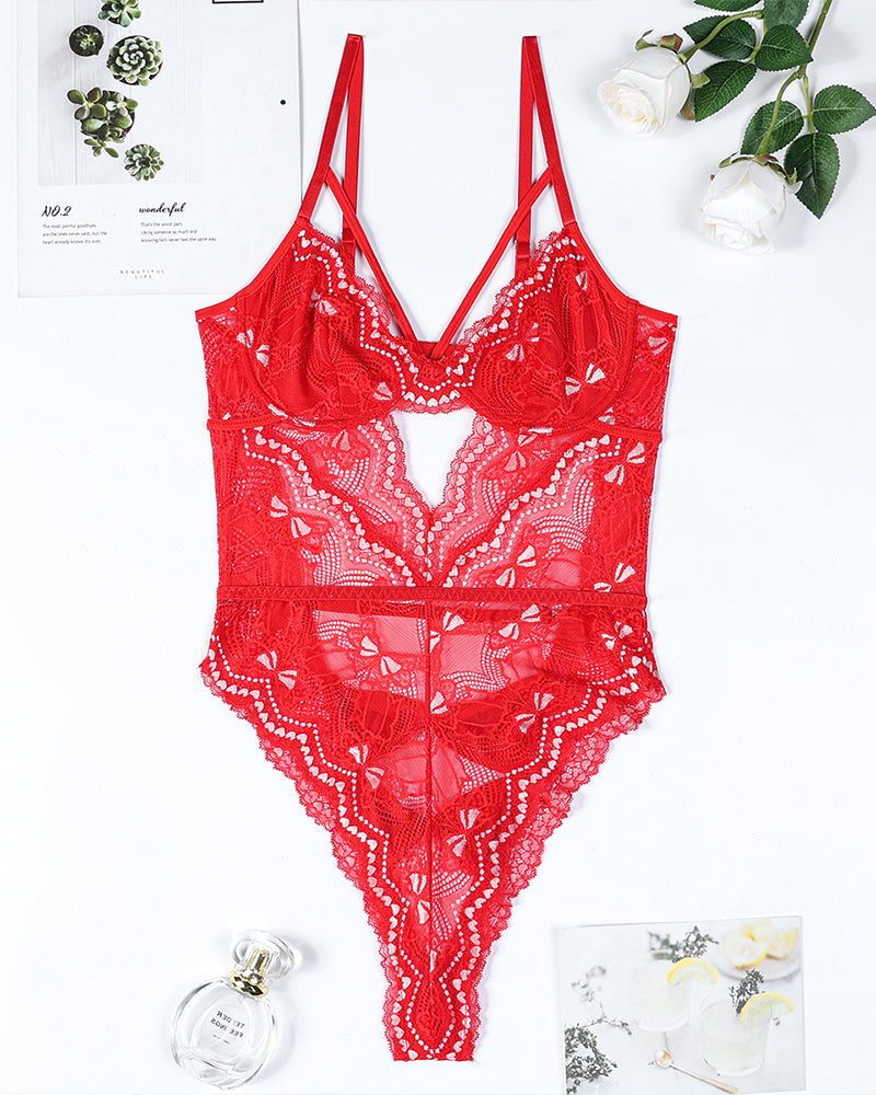 Embroidered Light Pink Lace Bodysuit with Cutout Detail-Bodysuit-Bellascena-bellascena