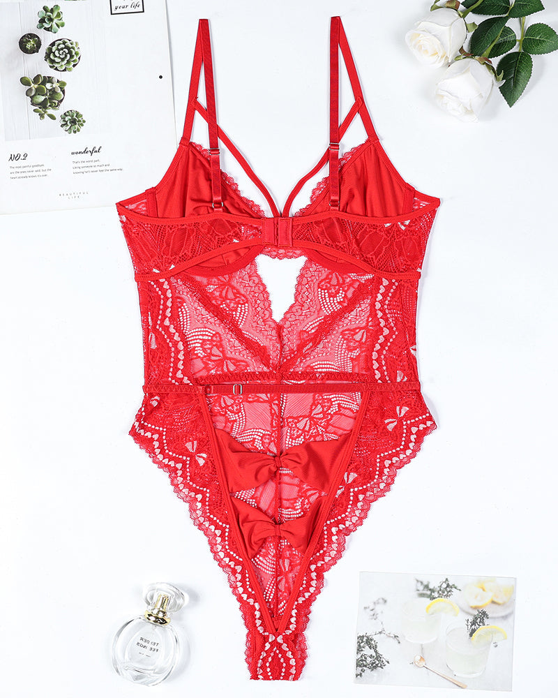 Embroidered Light Pink Lace Bodysuit with Cutout Detail-Bodysuit-Bellascena-bellascena