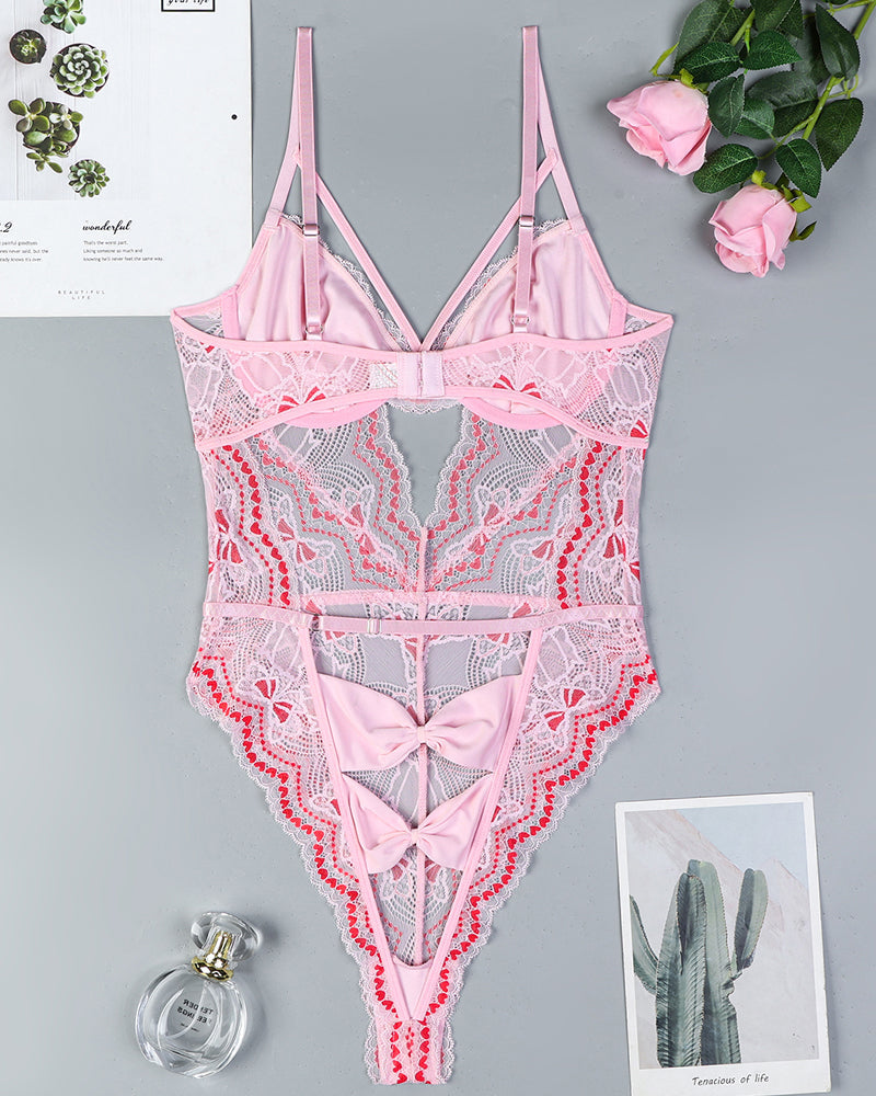 Embroidered Light Pink Lace Bodysuit with Cutout Detail-Bodysuit-Bellascena-bellascena