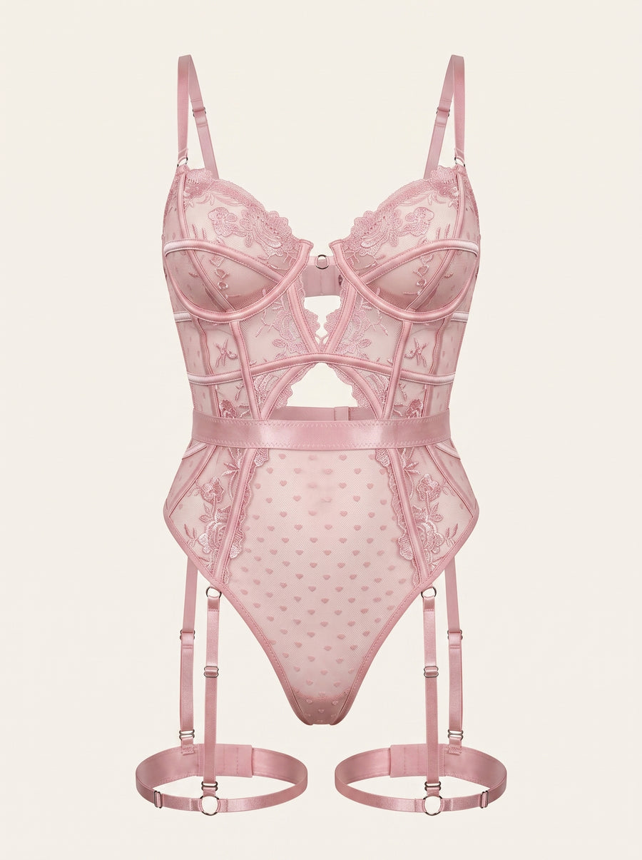 Embroidered Pink Lace Bodysuit with Strappy Cutout Design-Bodysuit-Bellascena-S-Pink-bellascena